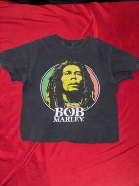 Zion Rootswear Black Bob Marley Graphic Crop Top with Yellow, Green, Red Print